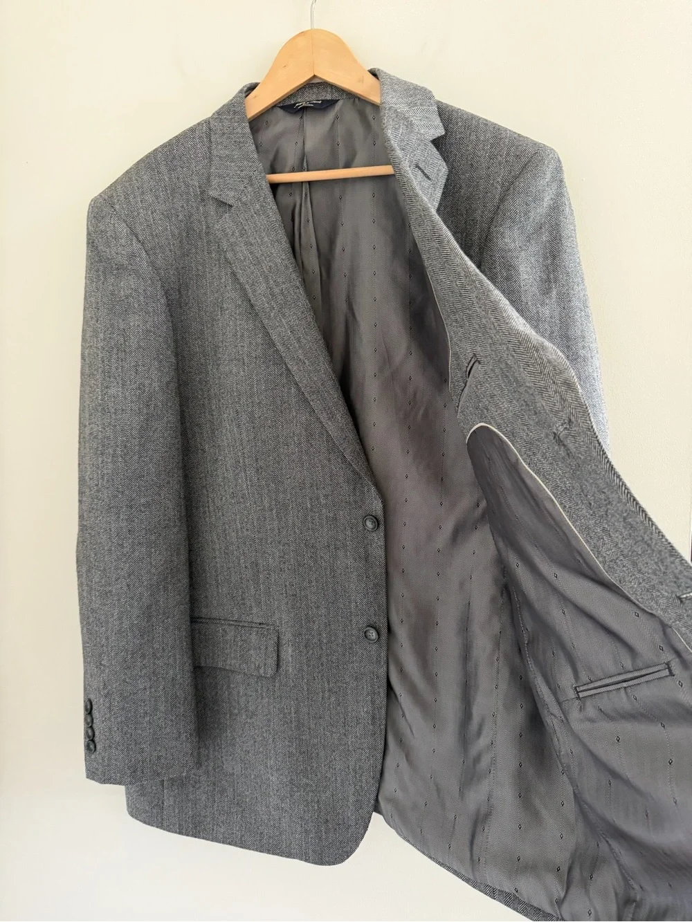 Joseph & Feiss Gold Blazer 46L Gray Herringbone Sport Coat 100% Lambswool